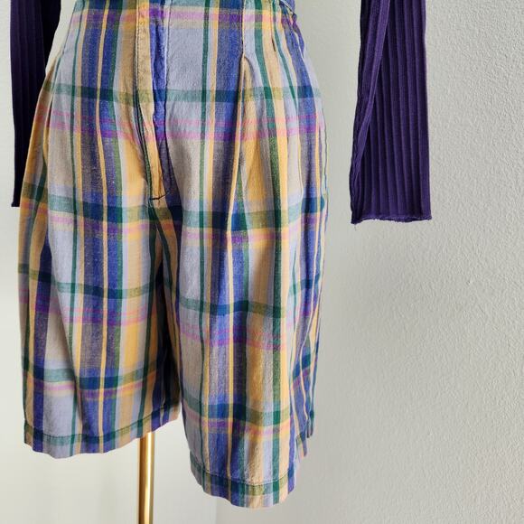Vintage GAP 90s High Waisted Plaid Pleated Shorts Muted Yellow Green Blue 2 - Picture 3 of 13